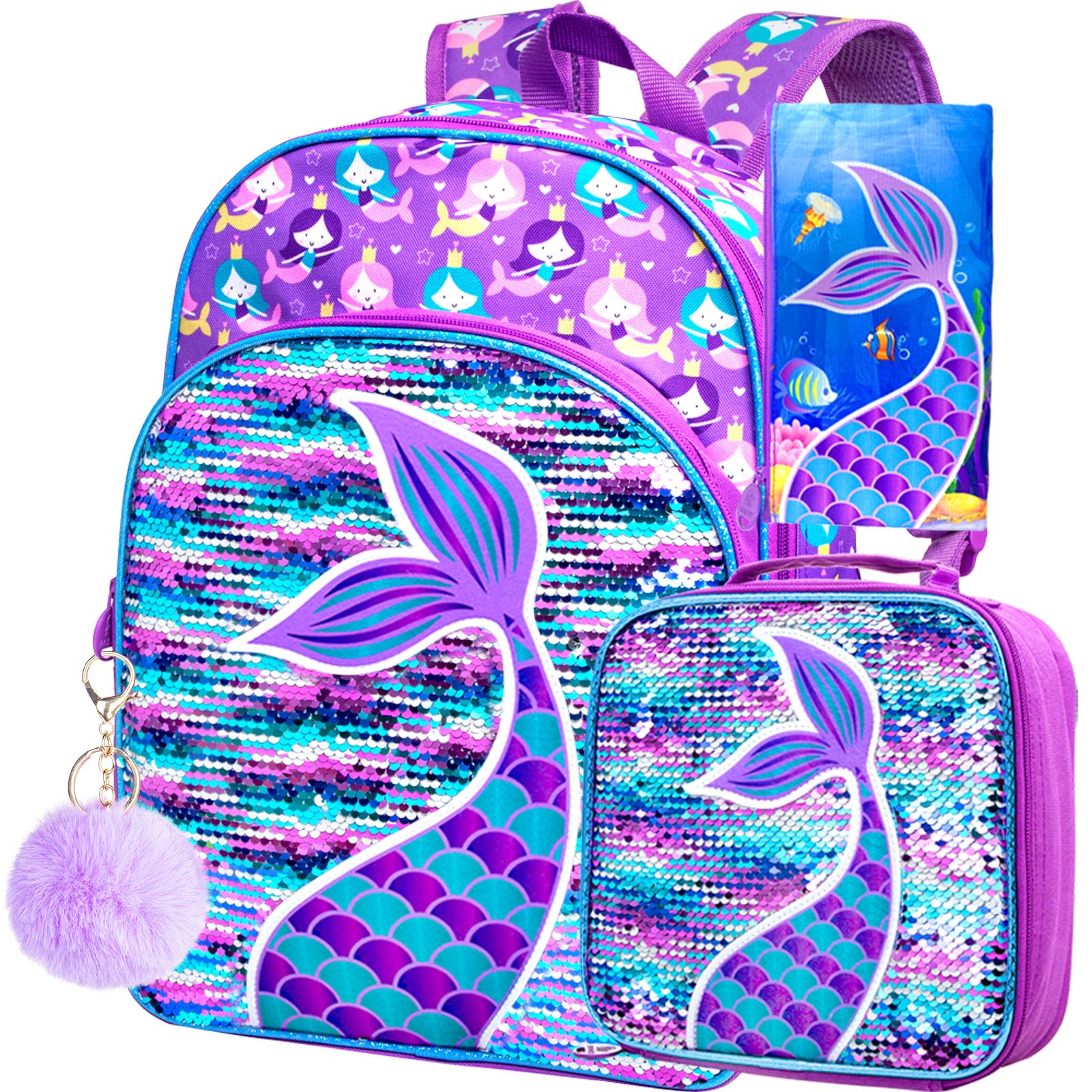 Three-Piece Mermaid-Themed Backpack Set for Girls: 16-Inch Sequined Backpack, Matching School Bag, and Insulated Lunch Box