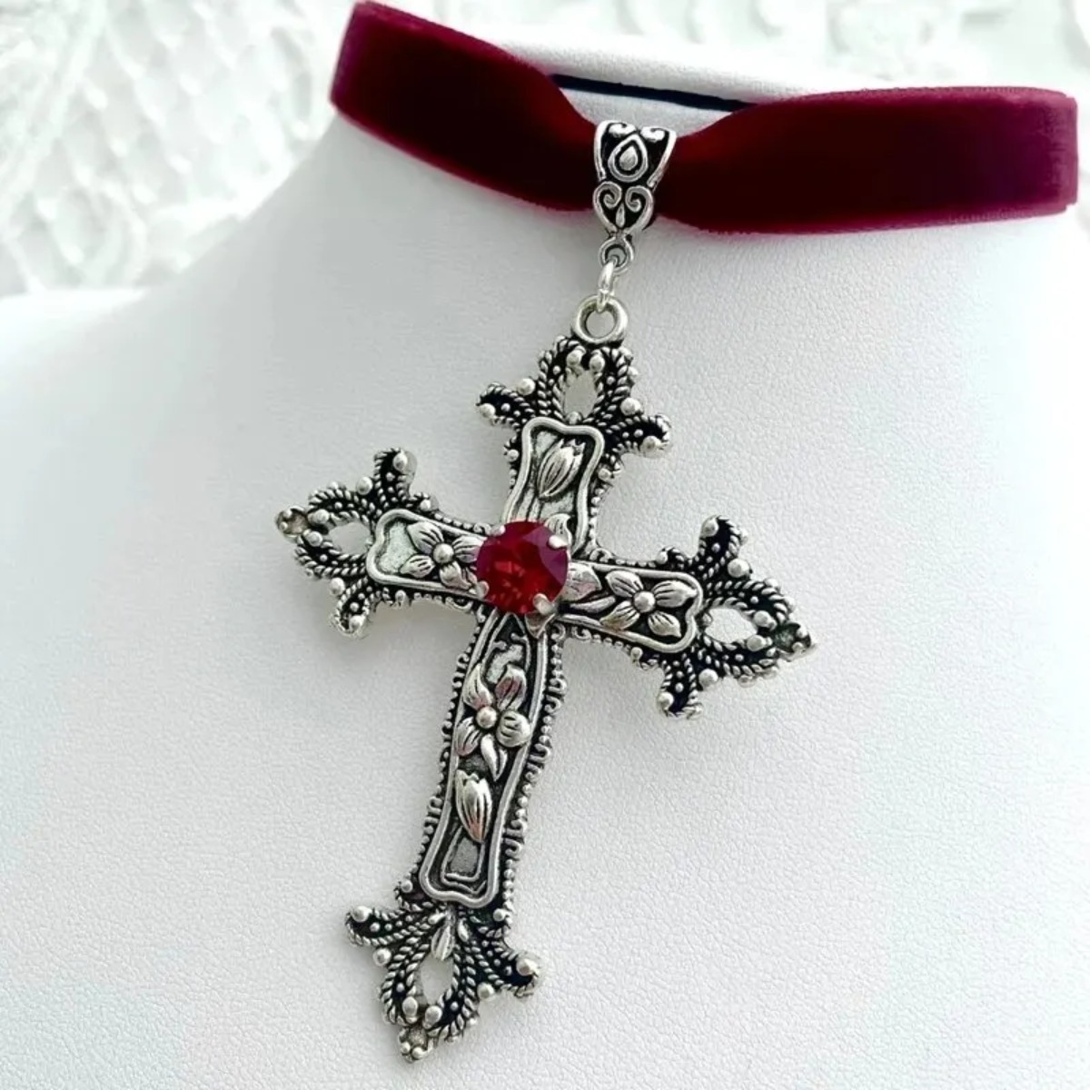 Gothic Cross Necklace Black Velvet Choker Pendant Alternative Dark Jewelry Statement for Women