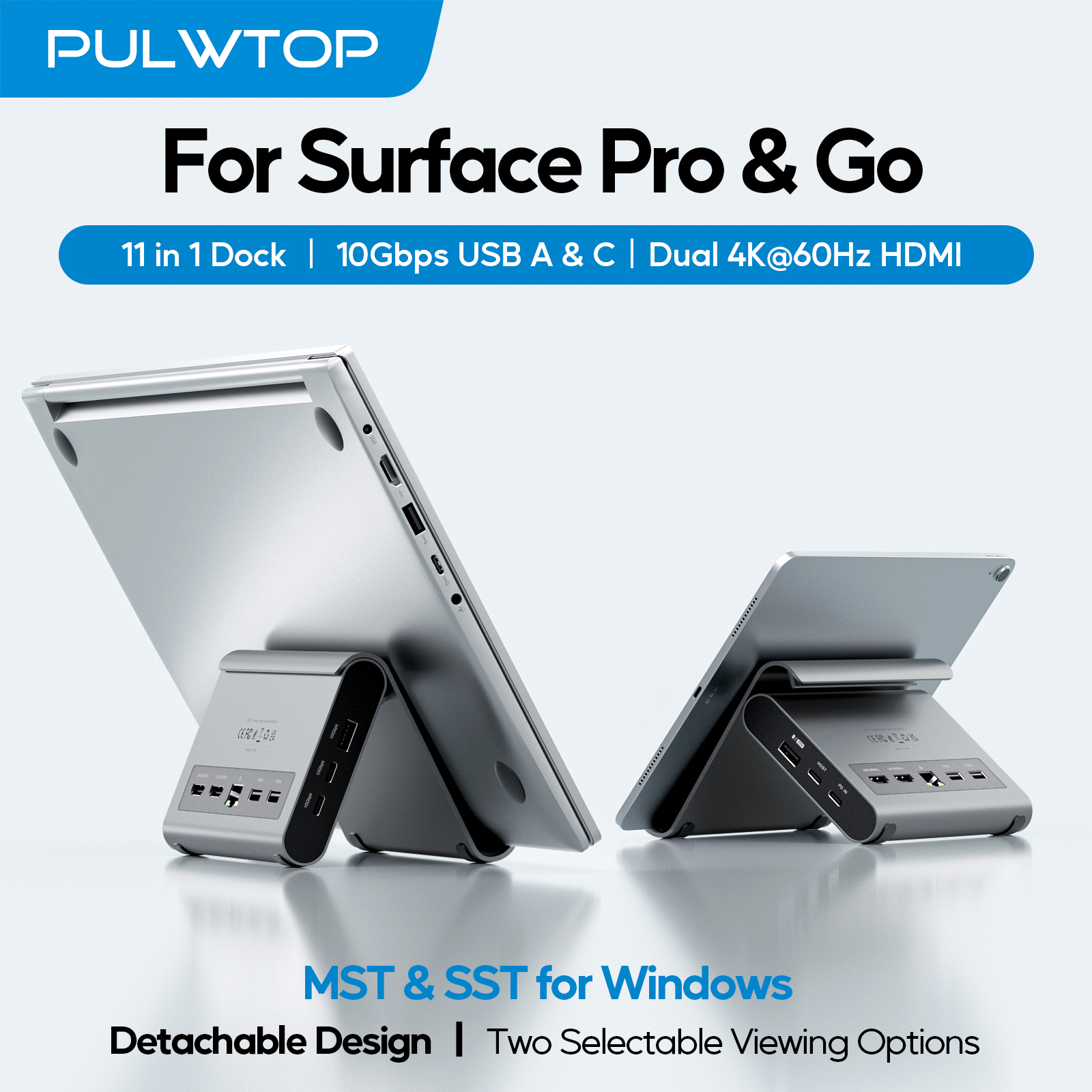 PULWTOP USB C Docking Station Dual Monitor, with 2 HDMI 4K, USB-C/A 10Gbps, USB-A 5Gbps,RJ45,PD for Windows/Surface/Dell/HP