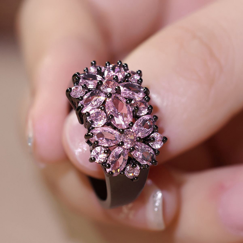 Huitan Chic Metal Black Color Finger Ring Women Luxury Bright Pink Zirconia Jewelry Aesthetic Flower Accessories for Anniversary