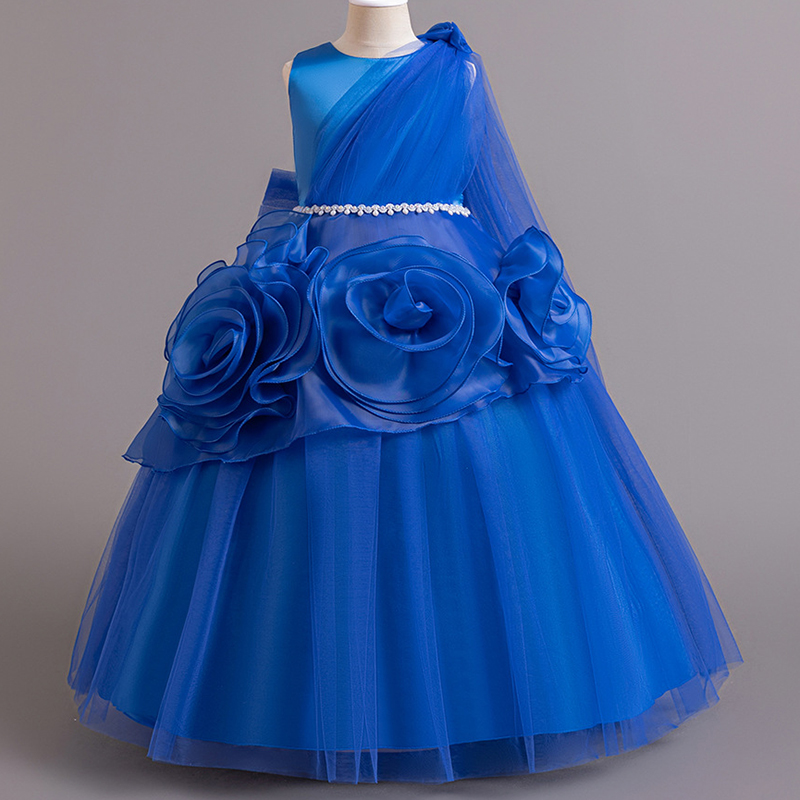Autumn and Winter Girls' New Large Flower Asymmetric Sleeveless Long Mesh Princess Dress Wedding Party Dress