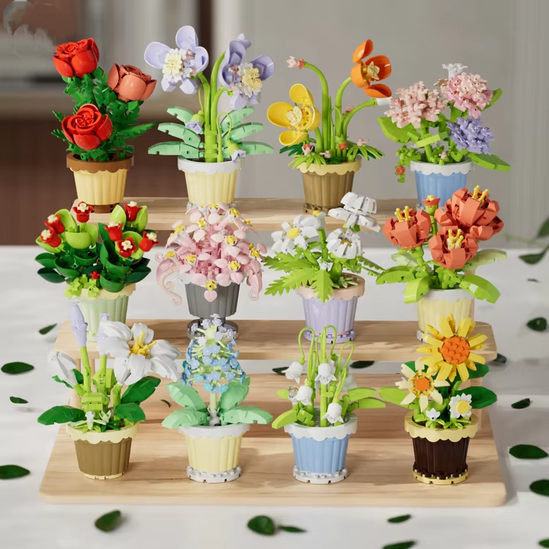 1PC Mini Succulent Flower Pot Building Blocks Simulation Flower Assembling Brick Model Kids Toys Home Decoration Collection