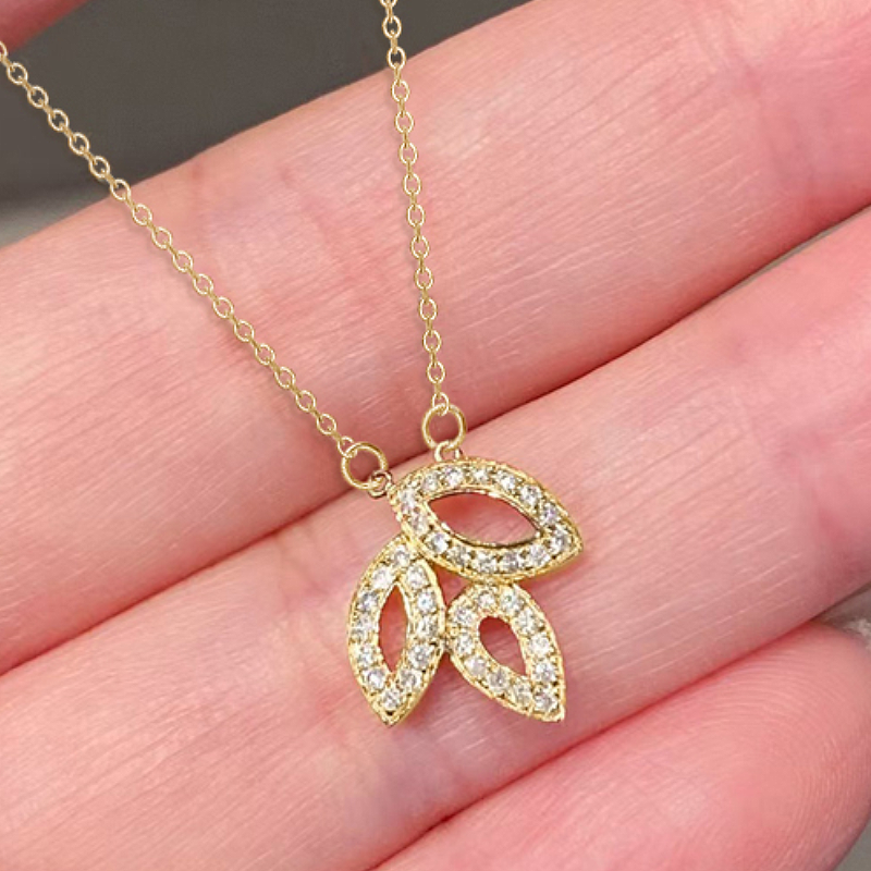 Huitan Cute Leaf Hollow Out Women Pendant Necklace Full Paved Shiny CZ for Wedding Party Daily Romantic Accessories Jewelry