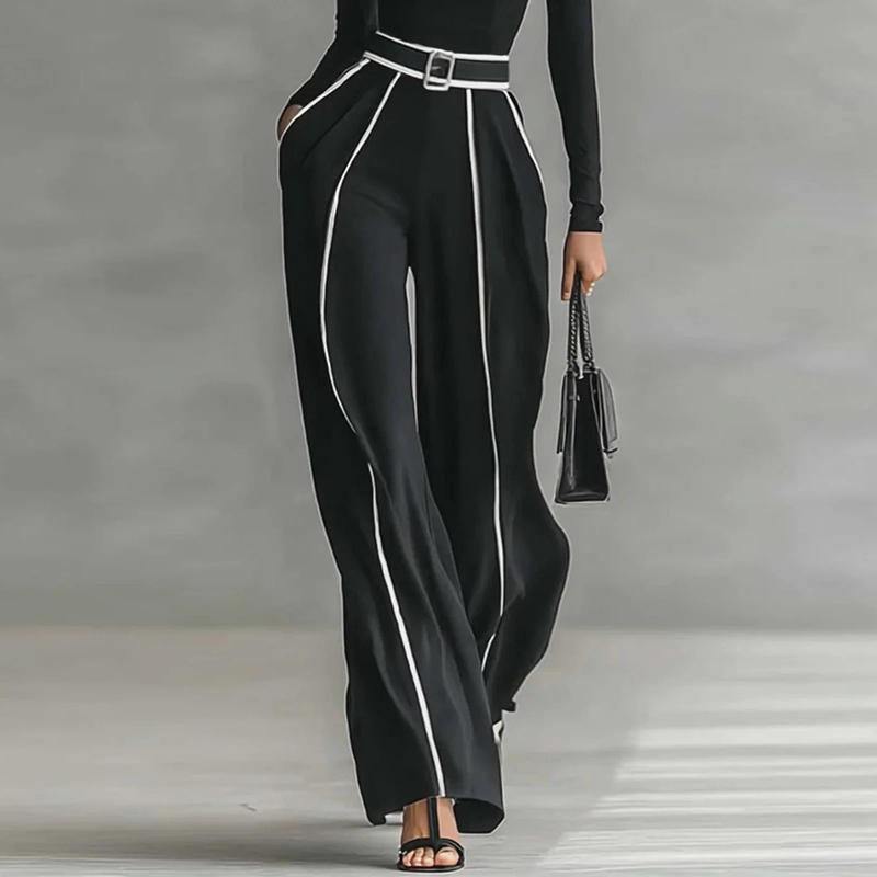 Black Wide Leg Pants for Women 2026 Spring Trendy Contrast Trim High Waist Belted Casual Work Trousers Bottoms Female 188687
