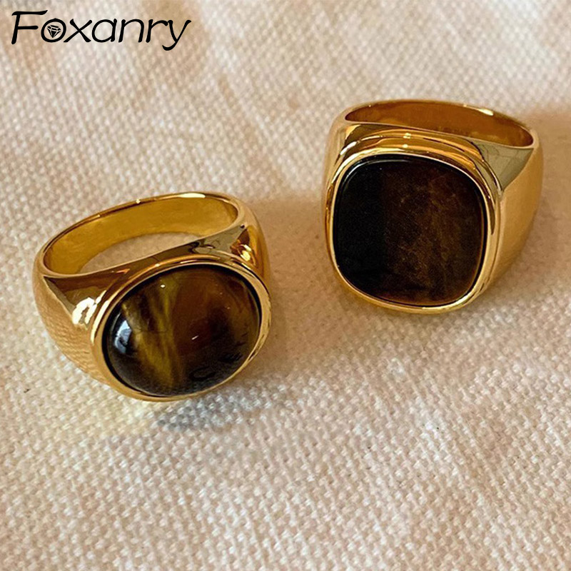 Foxanry Gold Color Tiger's Eye Rings For Women Couples Creative Personality Vintage Simple New Fashion Birthday Jewelry s