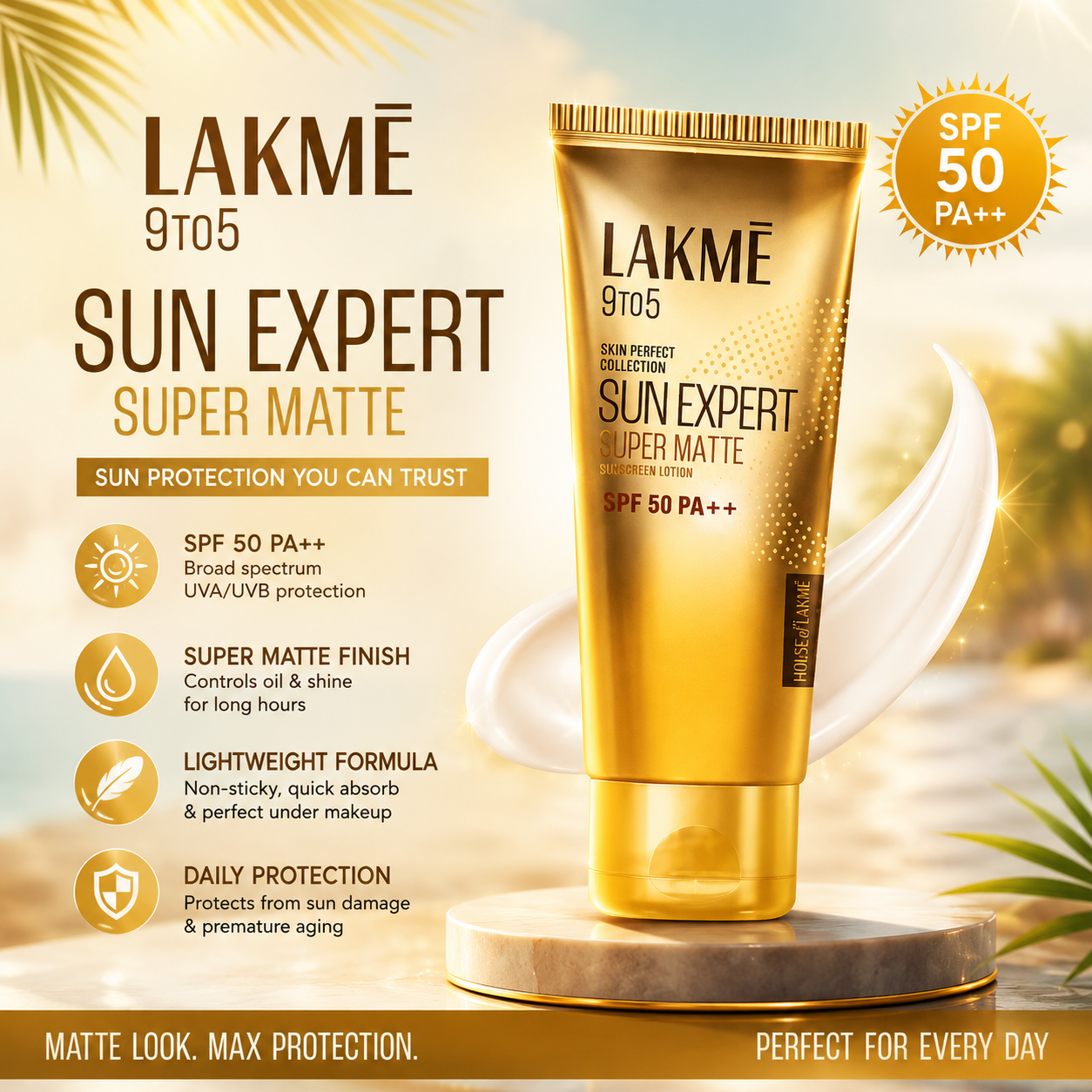 Lakme SPF 50 PA+++ Super Matte Sunscreen Cream | Broad Spectrum UVA/UVB Protection | Non-Greasy Face Sunblock