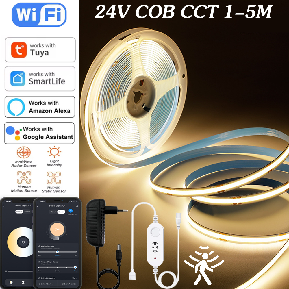 Tuya WiFi DC24v COB Double Color LED Strip Light Kit 1M-5M CCT Smart Dimming PIR Microwave /Sensing Controller for Alexa