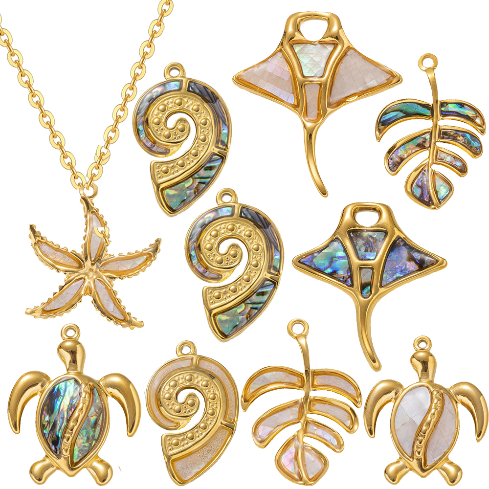2PCs Ocean Series 304 Stainless Steel & Shell Charms For DIY Jewelry Making Gold Color Sea Turtle Animal Conch Pendant Necklace pen gpt
