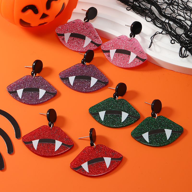 2023 New European and American Halloween Devil Teeth Big Red Lips Multi color Personalized Exaggerated Acrylic Earrings