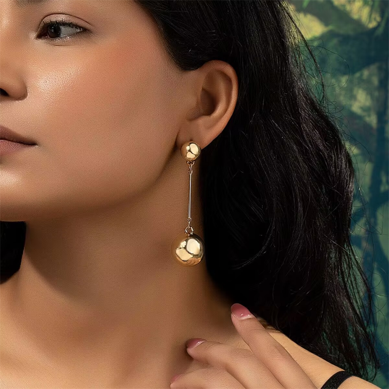 Gold Color Geometric Big Ball Long Style Ear Fashion Alloy Tassel Earrings Wedding Party Accessories Wholesale