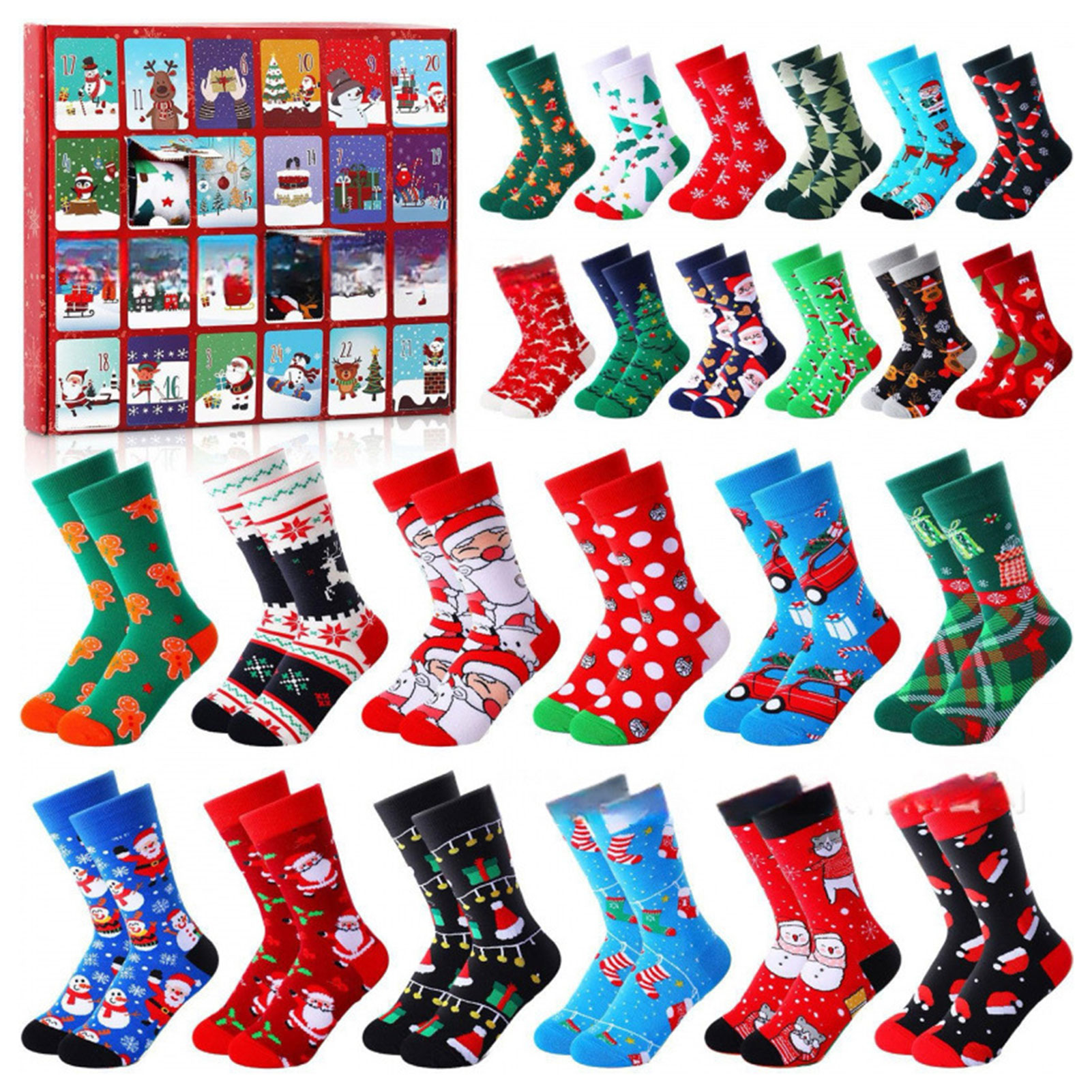 2025 Xmas Advents Calendar 24 Pairs Unique Festive Men Women Socks Warm Cozy Autumn/Winter Mid-Calf Socks Set
