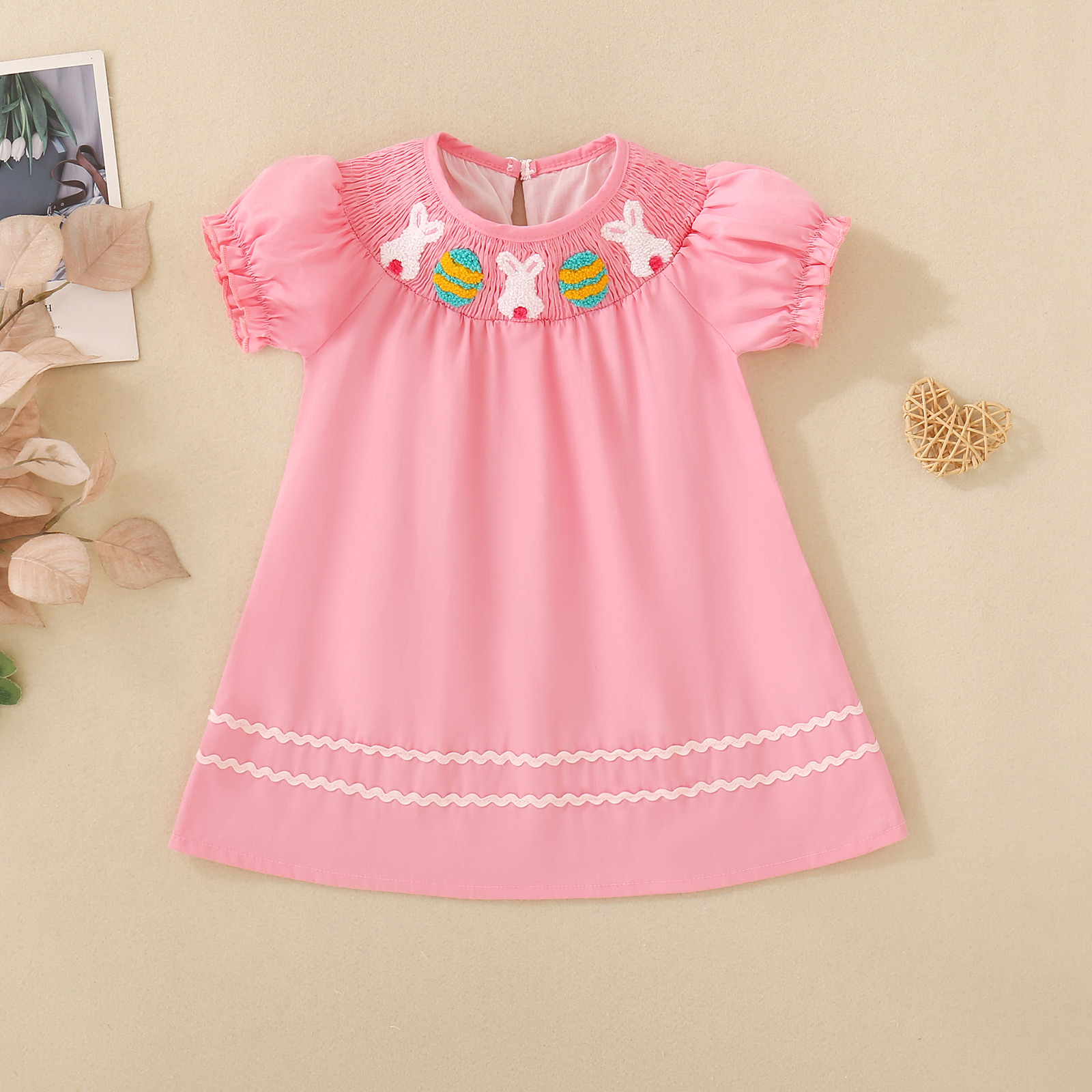Summer female infant bunny embroidered pink short-sleeved skirt sweet and cute
