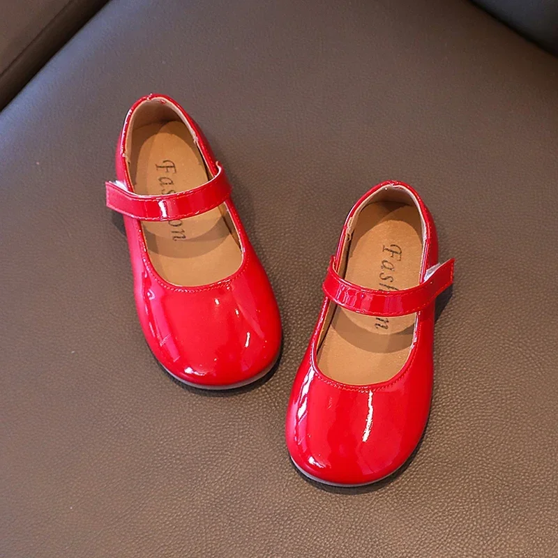 ‌Plain Patent Leather Ballet Flats for Baby Girls Concise Round-Toe Mary Jane Shoes Red/White Kids Soft Sole