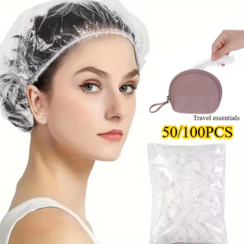 50/100pcs Disposable women's shower cap, transparent beauty hair cap, elastic shower cap, plastic waterproof headband, hotel