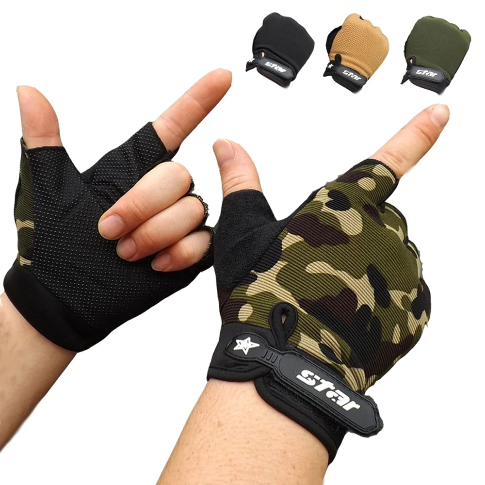 1 Pair Fingerless Camo Gloves Cycling Bike Sports Gloves for Men and Women Half Finger Anti-Slip Breathable Mittens