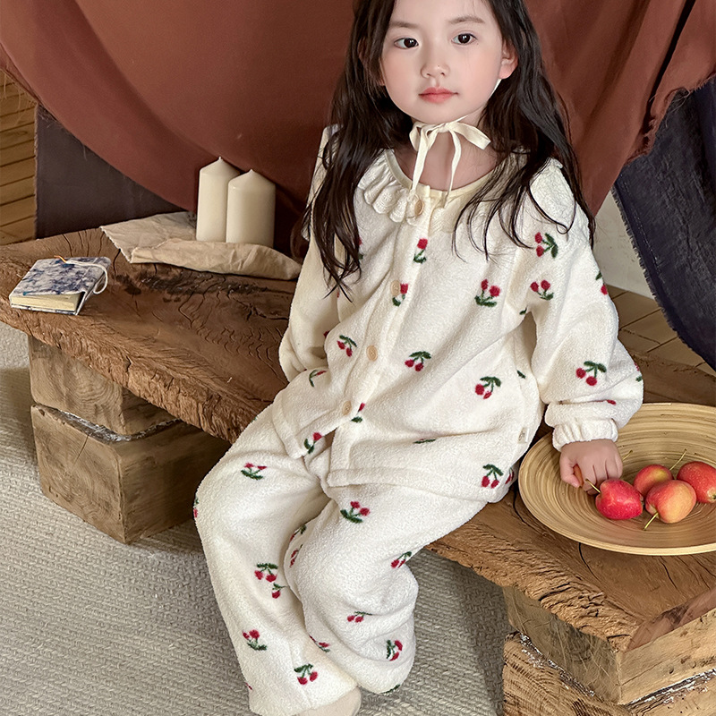 New Autumn Winter Childrens Polar Fleece Pajamas Set Warm Fleece Lined Cardigan for Girls with Lace Trim Peter Pan Collar