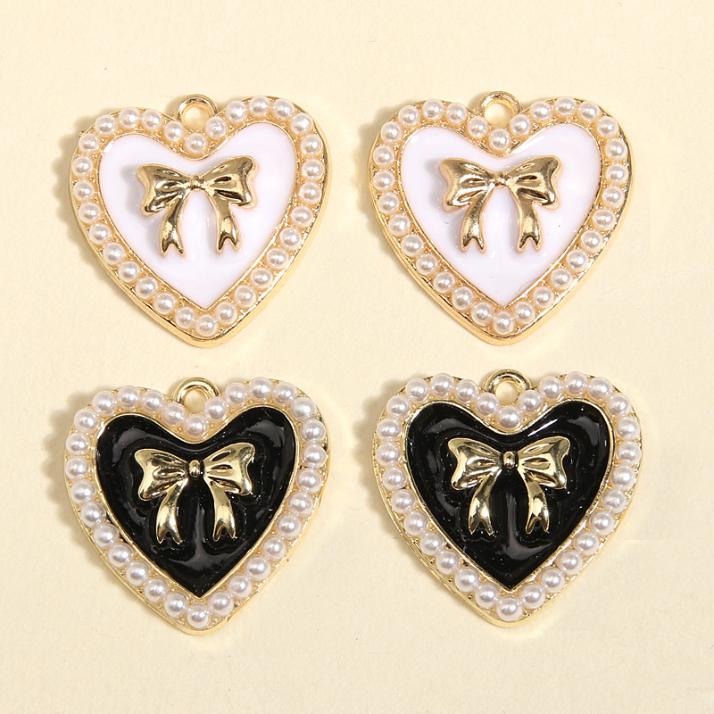 5pcs Gold Color 21x21mm Elegant Enamel Heart Pearl Bowknot Charms Love Pendant Fit DIY Jewelry Handcrafted Decoration Accessorie