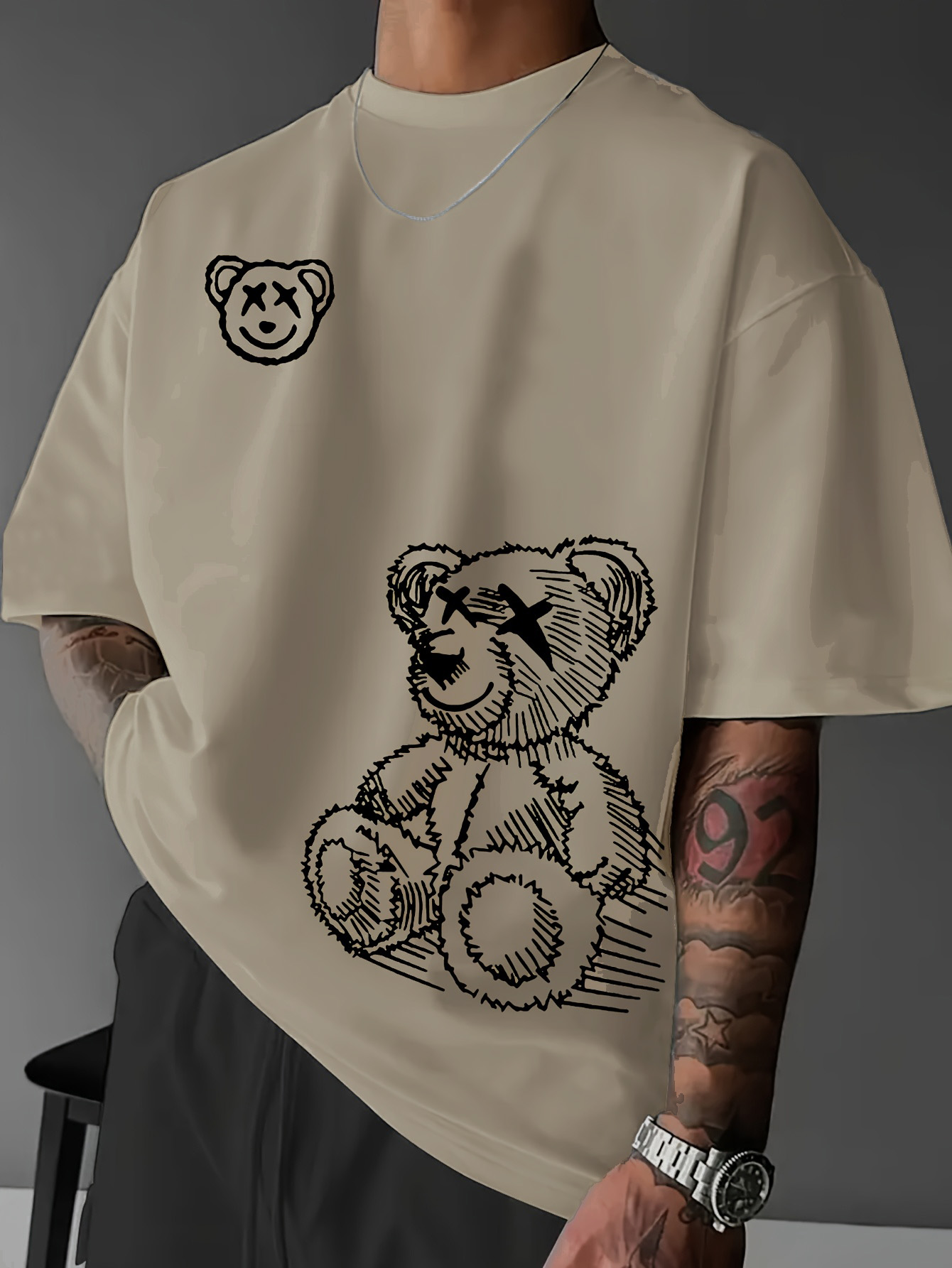 Men's 100% pure cotton loose and comfortable casual sports bear pattern printed round neck long sleeved T-shirt top