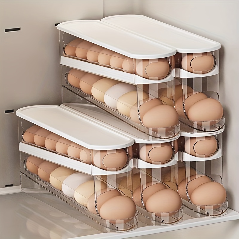 Double-layer rolling egg storage box, saves space and can be stored on the side door of the refrigerator for easy access.