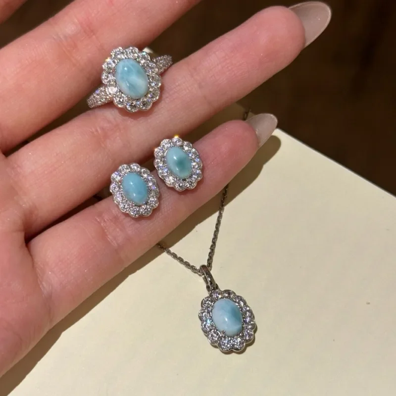 Elegant Flower Blue Gem earrings for women Rings Necklace Vintage Fine inlay diamonds Sea patterned stone jewelry sets