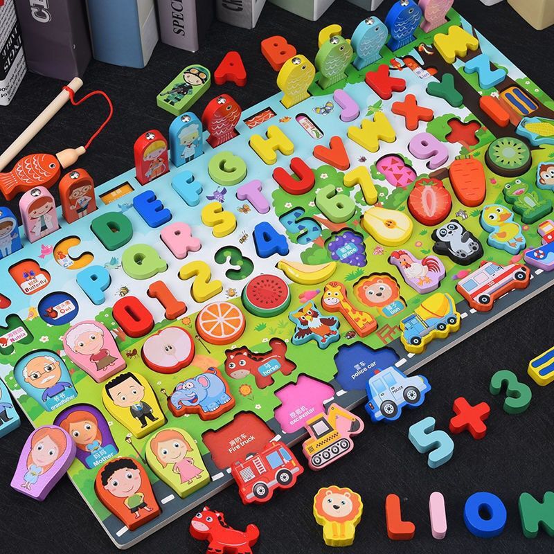 Montessori Wooden Toys Fruit Digital Alphabet Animal Traffic Figure Matching Puzzle Preschool Busy Board Educational Kids Toys