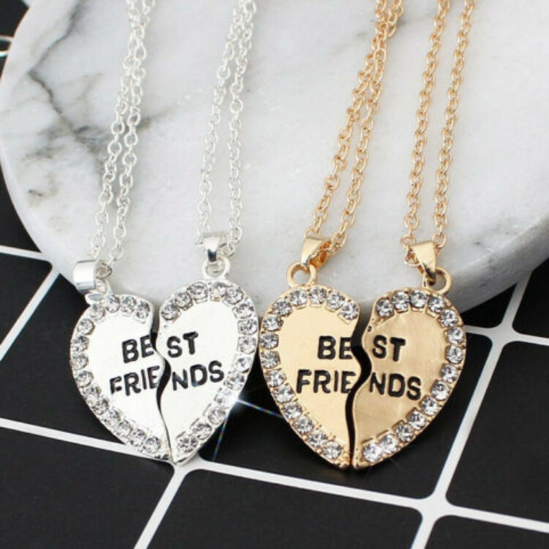 1 Pair Half Love Heart Rhinestone Pendant Fashion Honey Couple Best Friends Necklace Friendship pen gpt