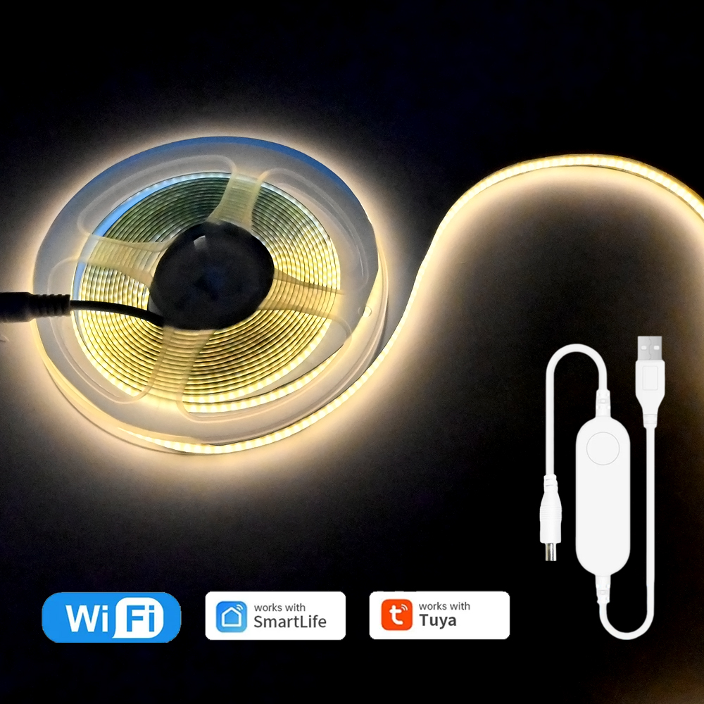 WiFi COB CCT LED Strip Light 12V 1m 2m 3m 4m 5m 10m WWCW Flexible Dimmable Lamp Warm Color Deco for Alexa Assistant/Tuya