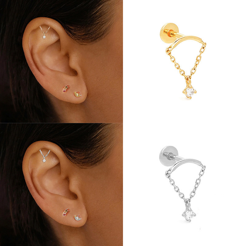 EVISPOL Fashion Stainless Steel Tassel Chain Dangle Stud Earrings for Women Crystal CZ Flat back Cartilage Ear Piercing Jewelry