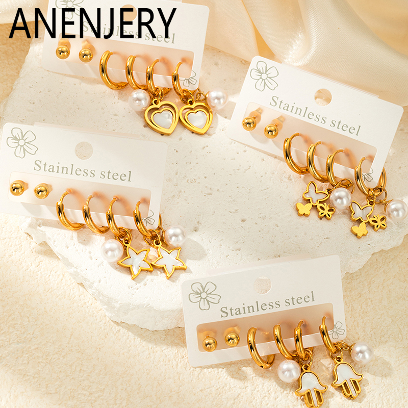 ANENJERY 316L Stainless Steel 6 Pieces Zircon Circle Star Heart Earrings For WomenTemperamental Simple Jewelry s Wholesale