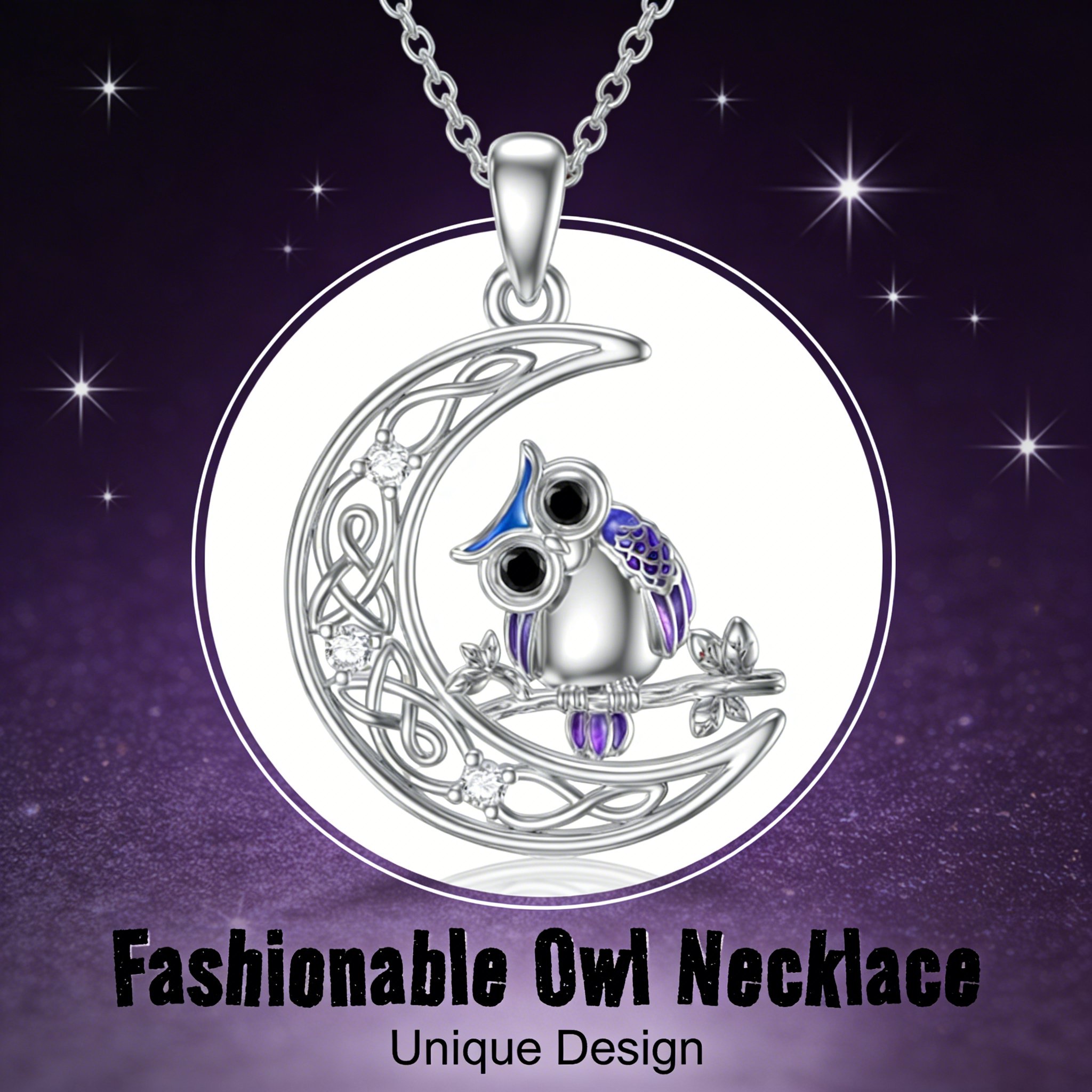 Zinc Alloy Owl Crescent Moon Pendant Necklace Enamel Faux Rhinestone Cute Animal Jewelry for Women Girls Birthday