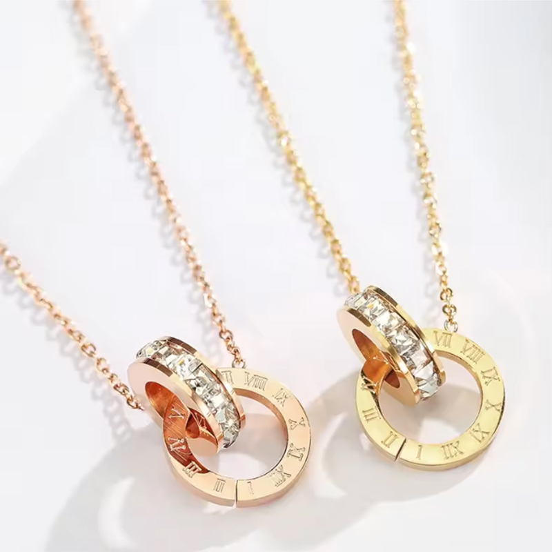 Fashion Titanium Steel Interlocking Circles Roman Numerals Pendant Necklace for Women Necklace Luxury Jewelry