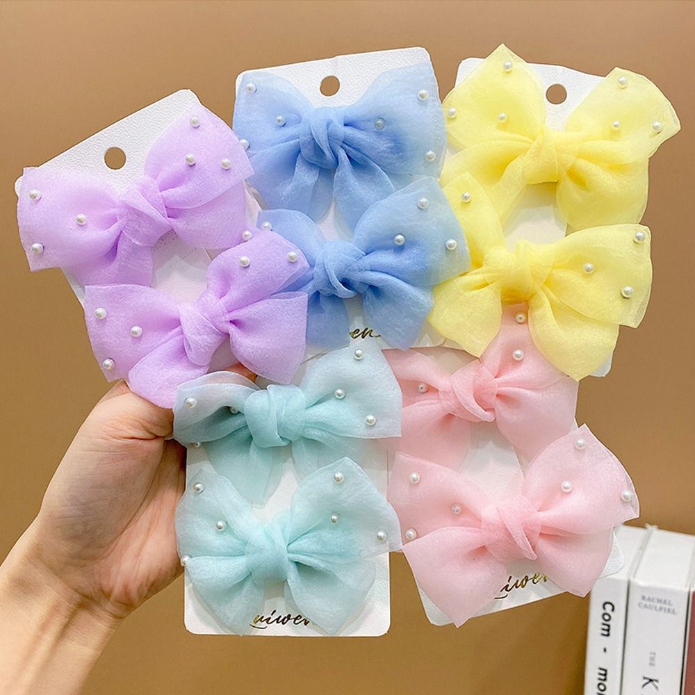 2pcs/Set New Cute Bow Hair Clips Multicolor with Imitation Pearls Side Barrettes Sweet Headdress Bangs Broken Hairpin