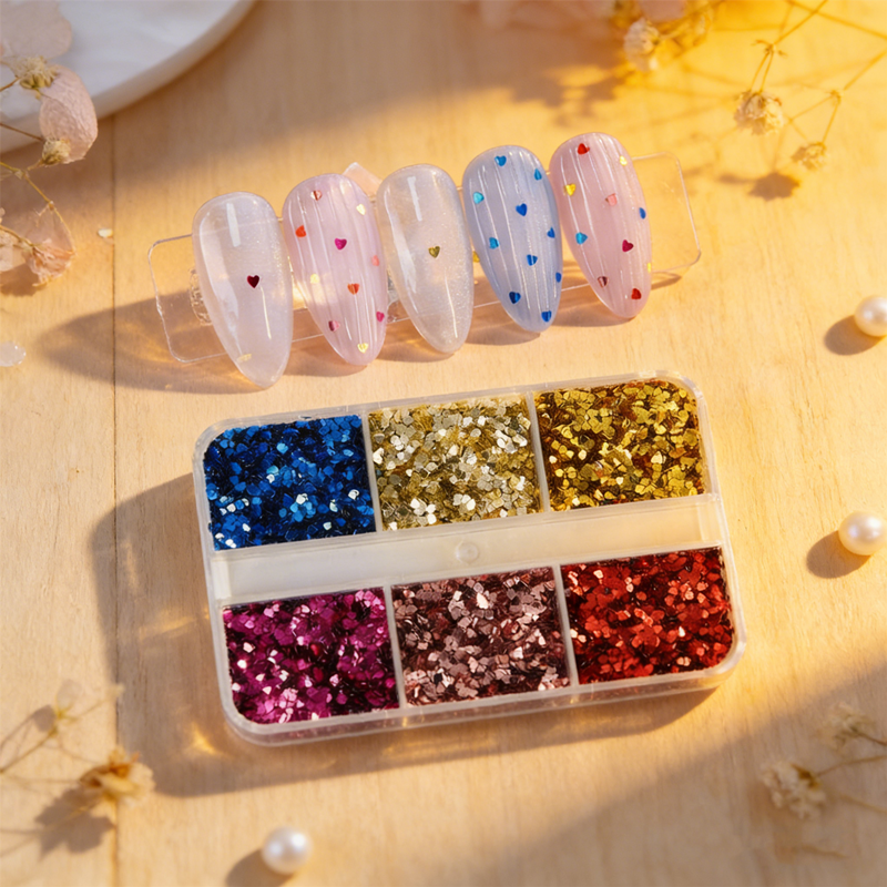 NEW 1PCS Mini Laser Heart Nail Glitter 6 Grids - 1mm Sparkling Nail Art Charms, Decoration Accessories for DIY Manicure Supplies