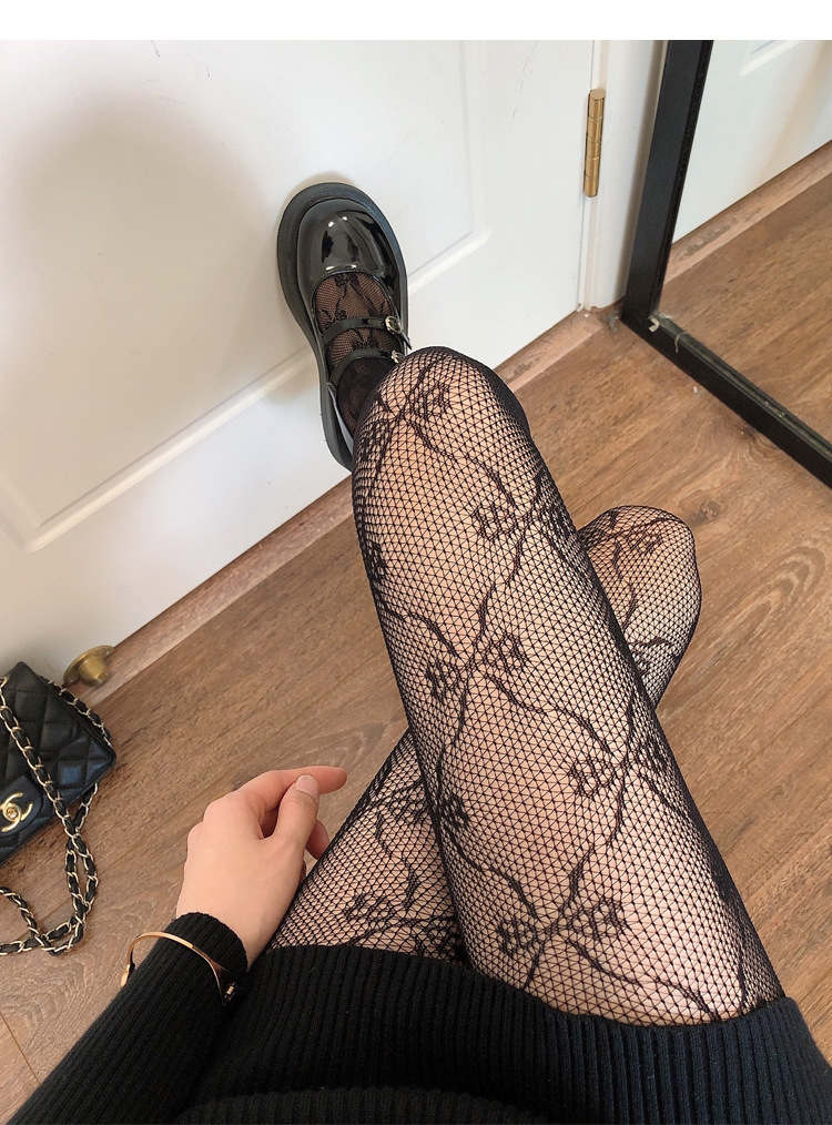 Hollowed Lace Mesh Stockings with Bottom Pantyhose Lolita Retro Floral Vine White Black Brown Stockings for Women Tights