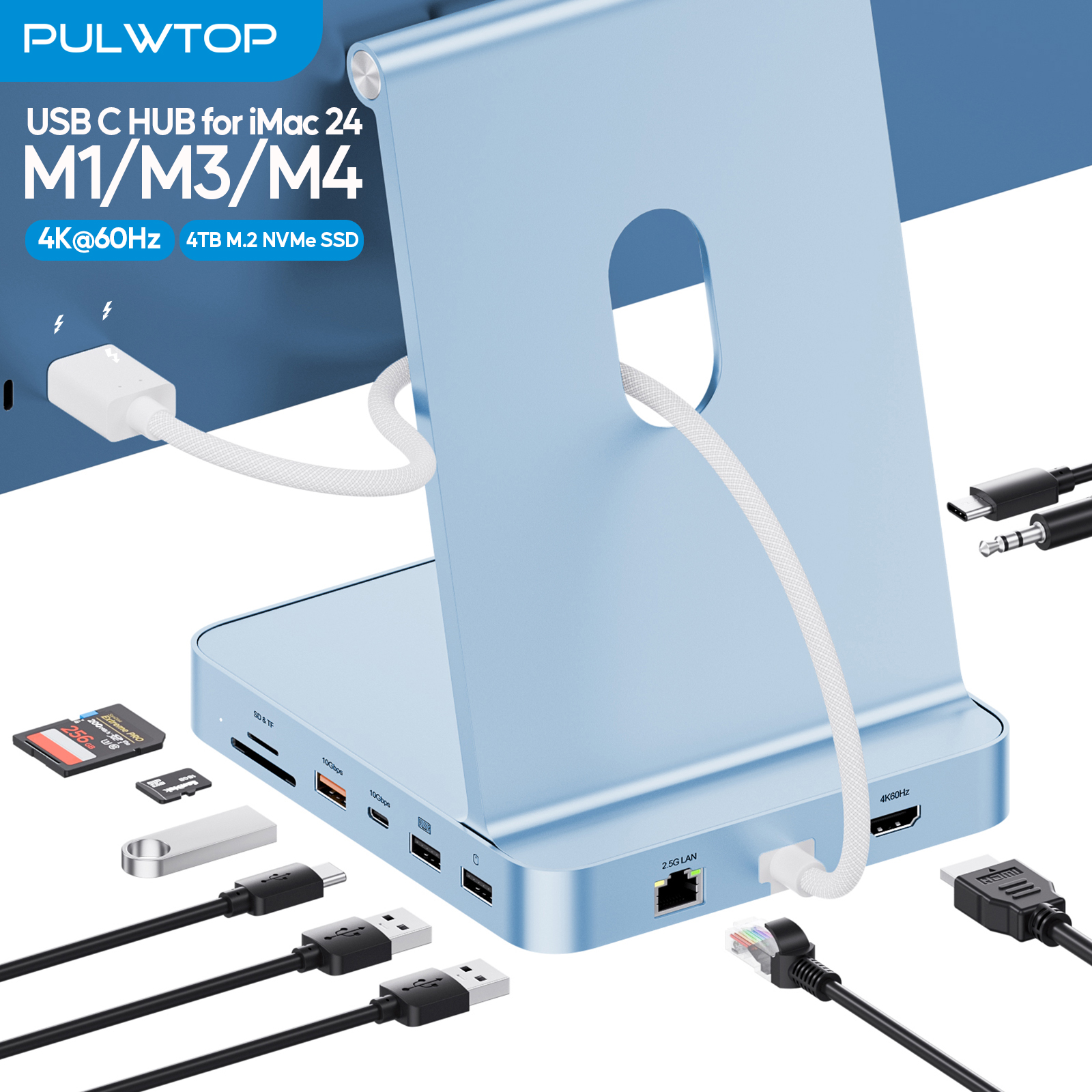 PULWTOP Upgraded 11 in 1 USB C Hub for iMac 24 inch , Support M.2 SSD(NOT Included), 4K HDMI, Ethernet, USB A/C 10Gbps, SD/TF