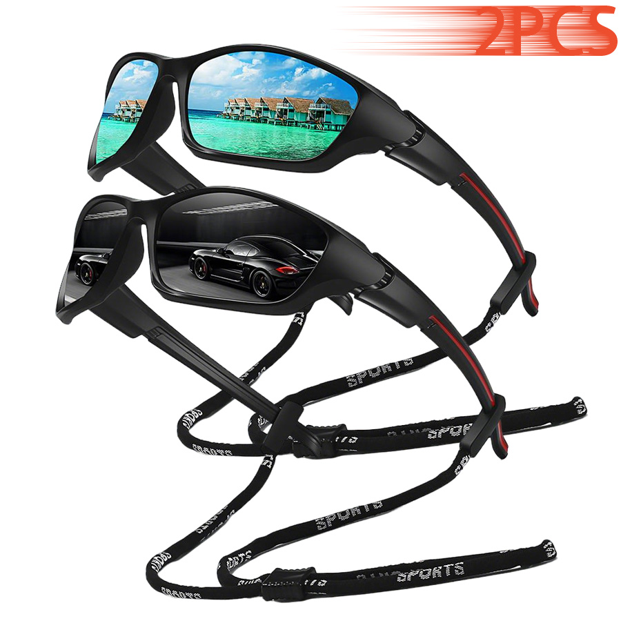 2PCS Unisex Fashion Sports Sunglasses with Chain for Driving Fishing Cycling Hiking Running Mountaineering