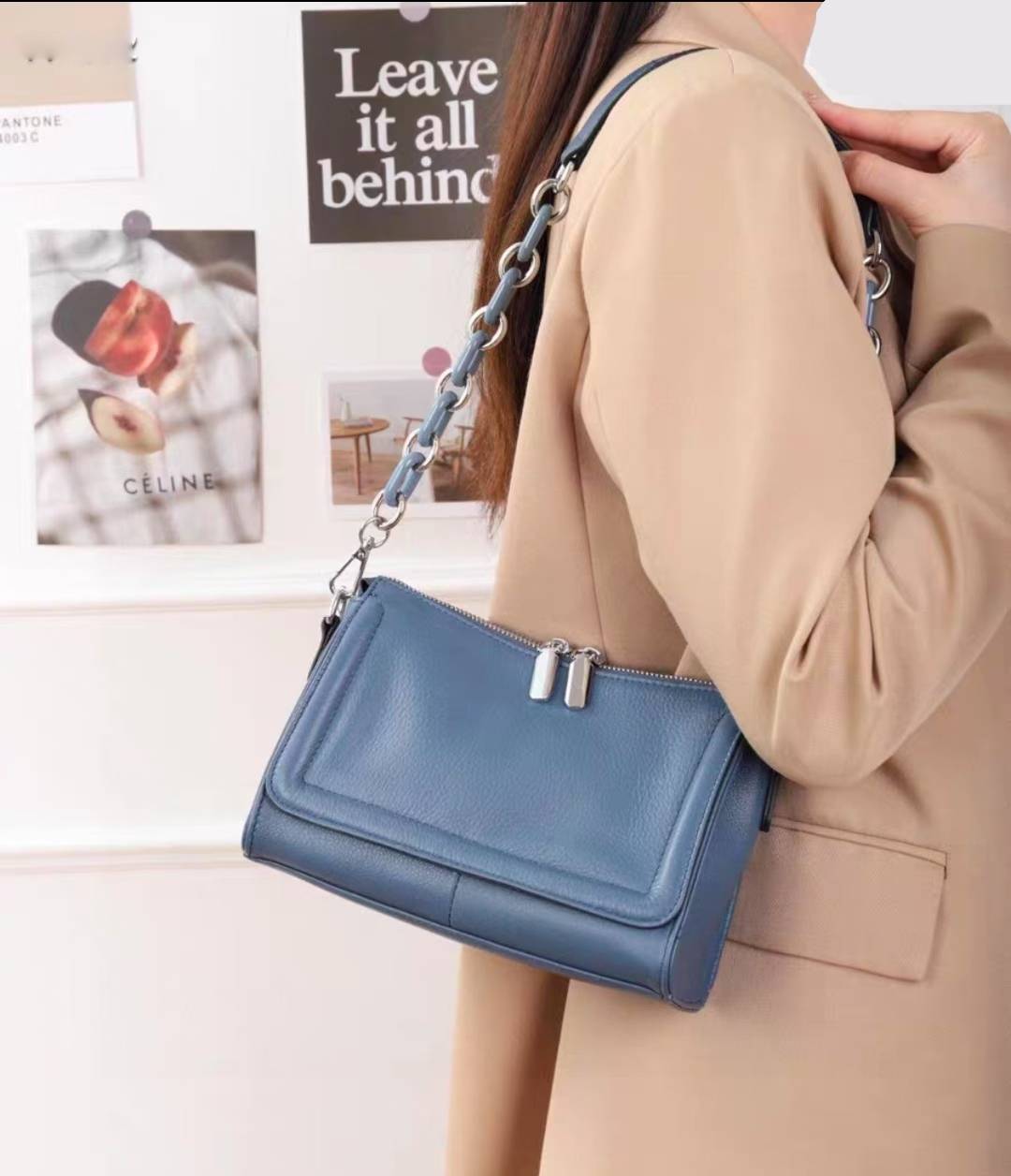 Zency Fashion Blue Chain Handbags Soft Leather Top-handle Bag For Women Luxury Small Underarm Bag Green Crossbody Bag For Summer