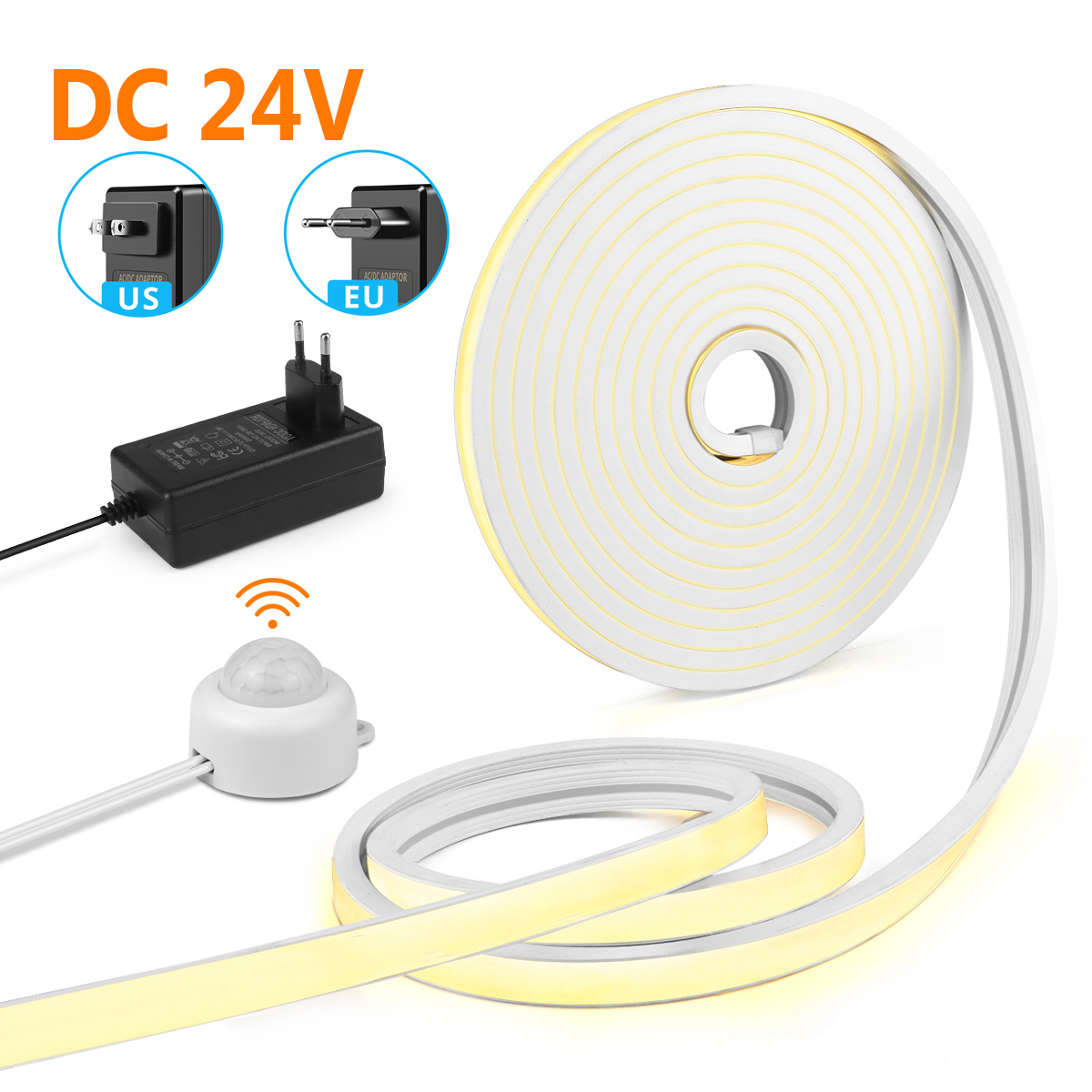 EU/US Power Plug Motion Sensor LED Neon Light Set 24V Human Body Induction Bedroom Aisle Night Lighting 1/2/3/4/5M COB Lamp Luz