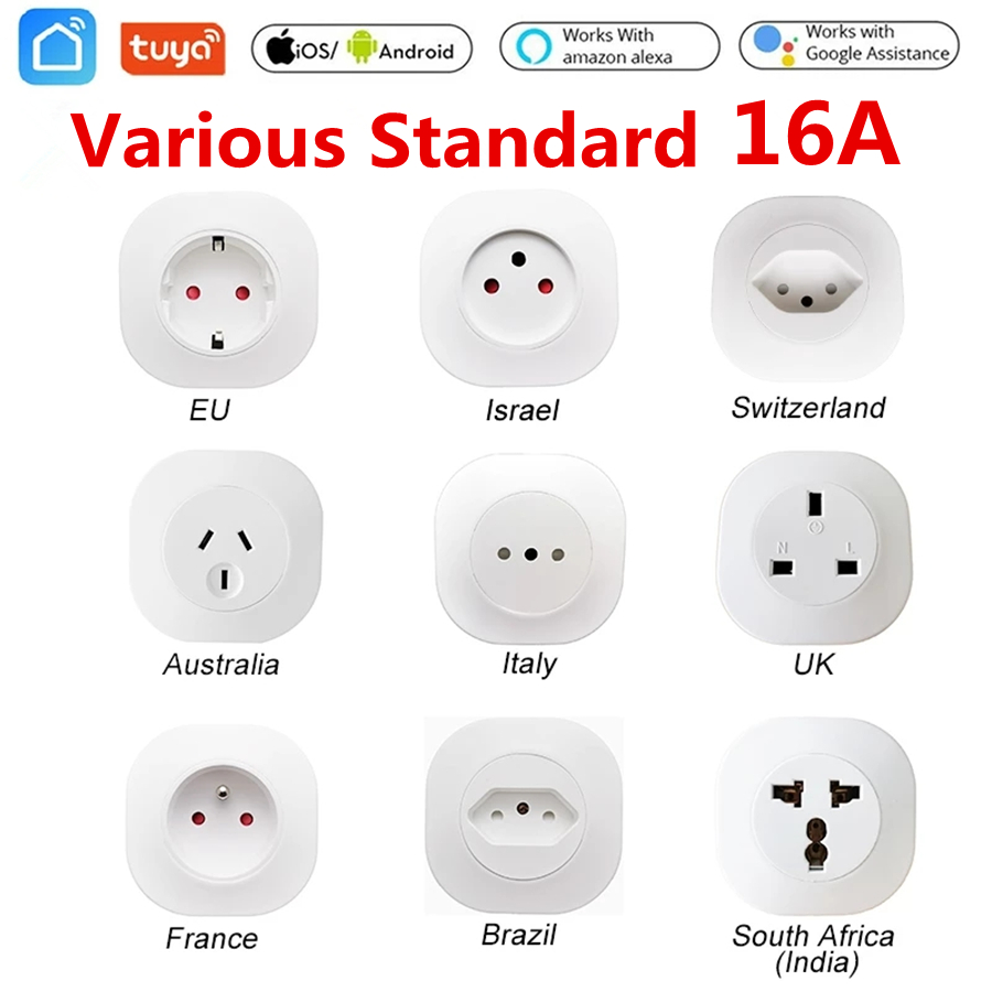 16A Tuya WIFI Plug Smart life Socket Outlet UK EU AU Brazil FR Israel IT Plug APP Remote Control Work For Alexa Google Assistant