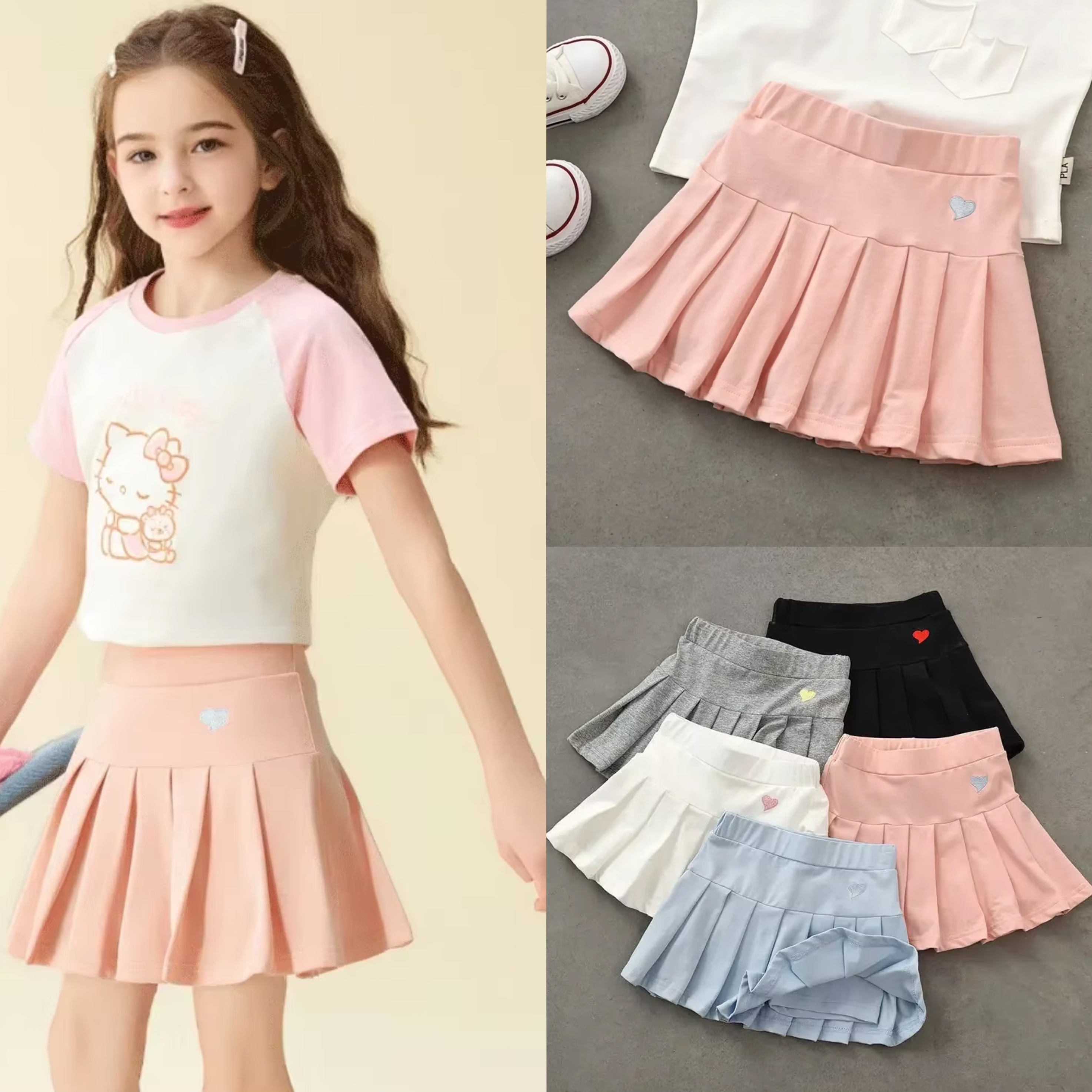 Girls Dress JK Skirt Candy Color Embroidered Heart Design Cute Sweet Solid Outer Wear Casual Simple Pleated Skirt Safety Pants