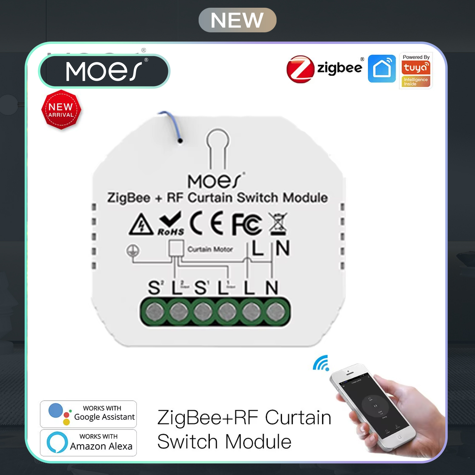 Moes ZigBee Smart RF433 Curtain Switch Module for Motorized Roller Shutter Blinds Motor 2MQTT Smart Life APP