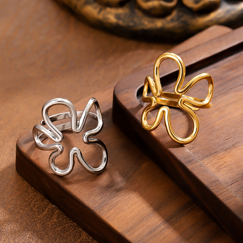 Fashionable Stainless Steel Hollow Flower Rings For Women Irregular Lines Open Ring Elegant Waterproof Jewelry Wedding Party New