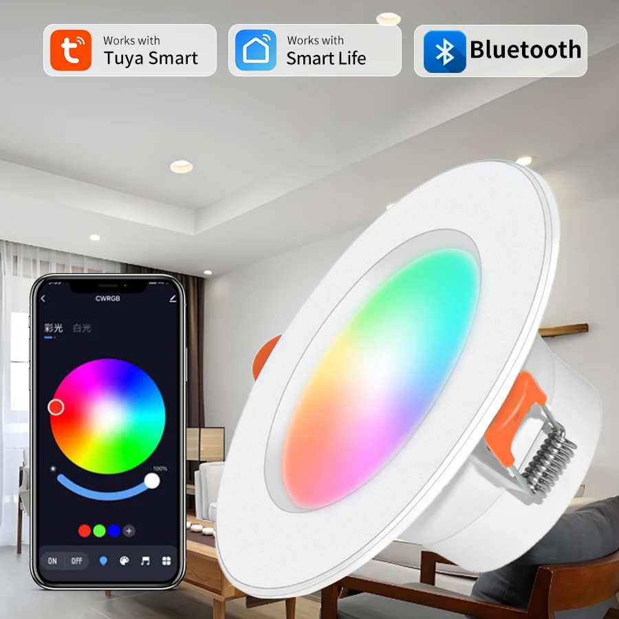 Smart LED Ceiling Light Tuya Bluetooth 10W 15W Indoor Recessed RGB Dimmable Light APP Control Multi-function Timer Lights