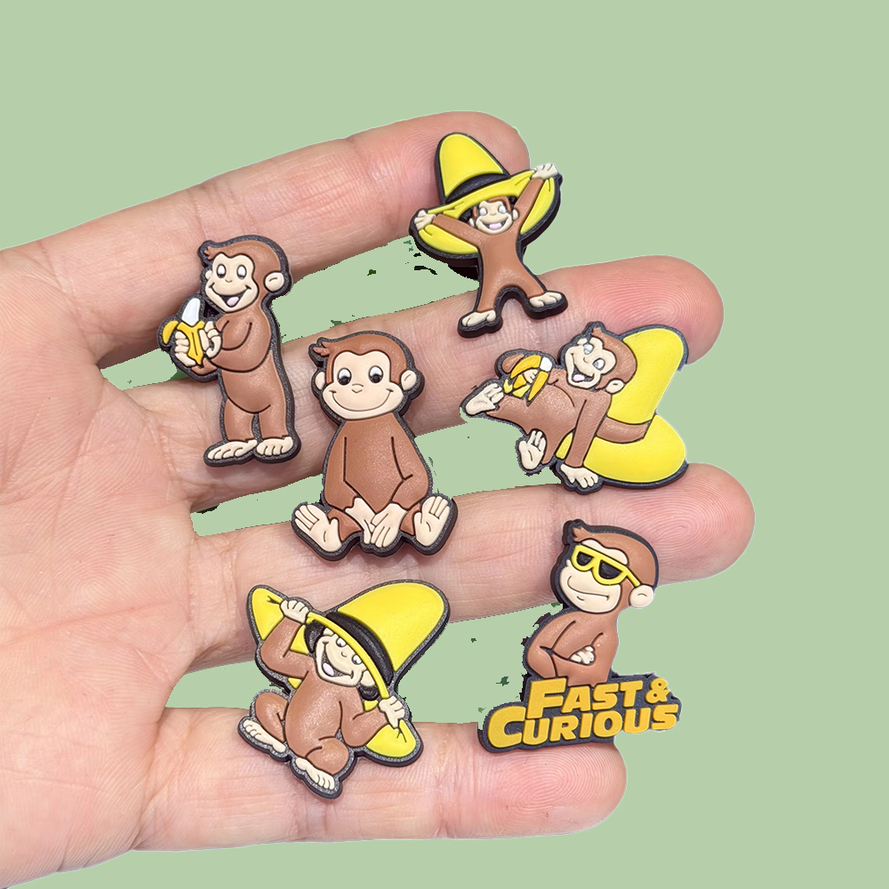 6PCS Cute Cartoon Croc Charms Curious George Monkey Shoe Charms PVC Soft Clog Pins DIY for Kids Girls Birthday Party Favors
