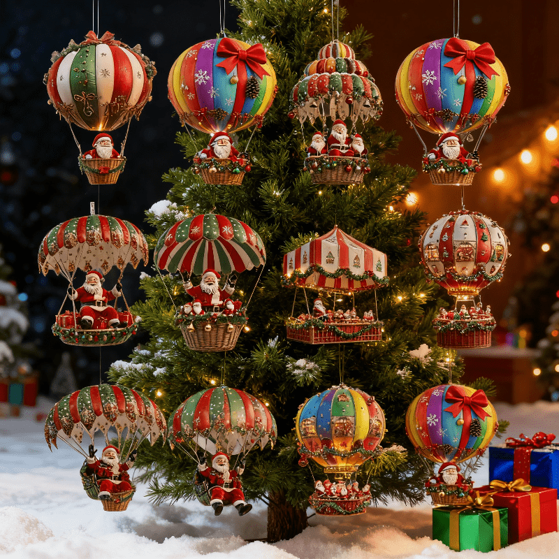 10PCS/Set New Wooden Hot Air Balloon Santa Claus 2D Flat Wooden Pendant Tree Decoration Holiday Decors