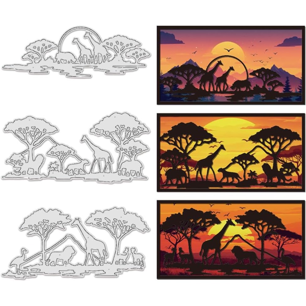 3Pcs Africa Animal Theme Cutting Dies Stencils Giraffes Lions Carbon Steel Embossing Template Border Background Metal Die Cut