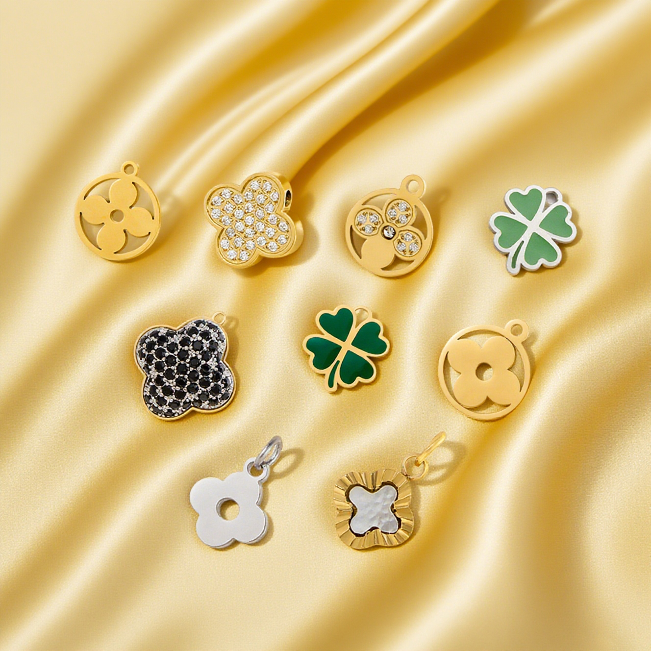 Lucky Four-leaf Clover Stainless Steel Gold-Plated Cubic Zirconia Paved Pendant For Jewelry Necklace Bracelet Supplies pen gpt
