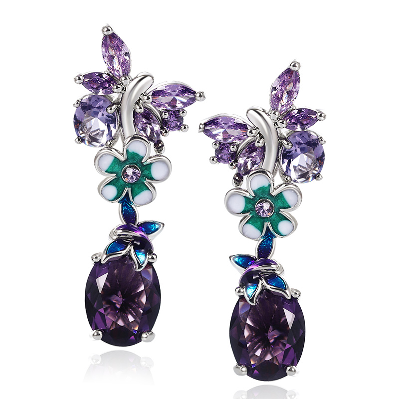 Huitan Gorgeous Bridal Earrings Wedding Engage Party Mysterious Purple CZ Romantic Dangle Earrings for Female Statement Jewelry
