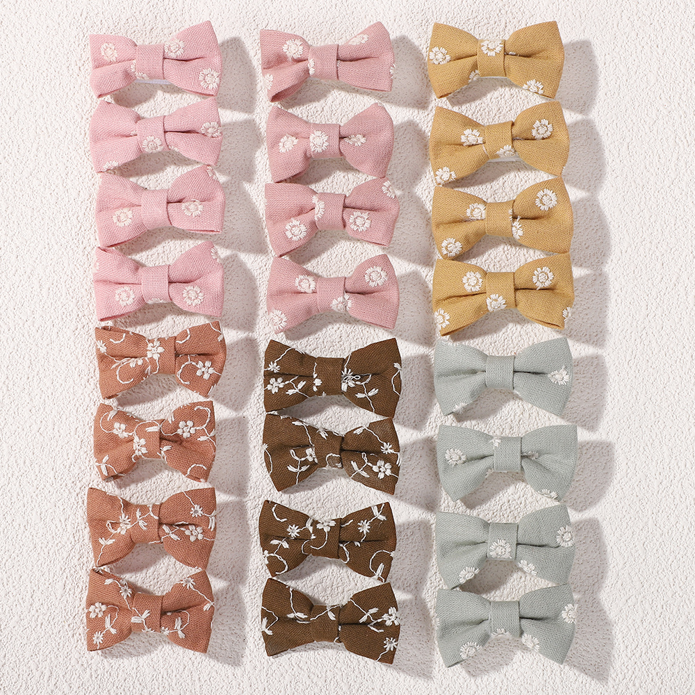 20PCS/set Random color Embroidery flowers Printed Hair Bows Clip for Girls Cute Soft Cotton Bowknot Hairgripe Hair Accessories