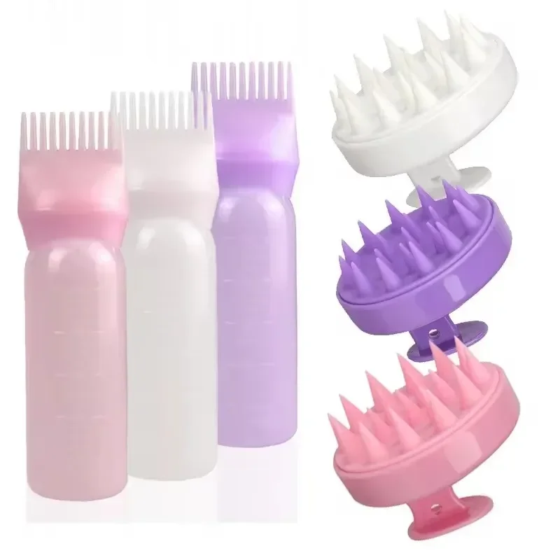 Silicone Shampoo Brush Scalp Massage Comb Hair Dye Oiling Bottle with Brush Salon Hair Styling Tool，Special for Real Hair